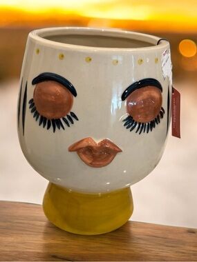Ceramic Face Planter - Neutral and Yellow Decorative Pot 8 inches in height